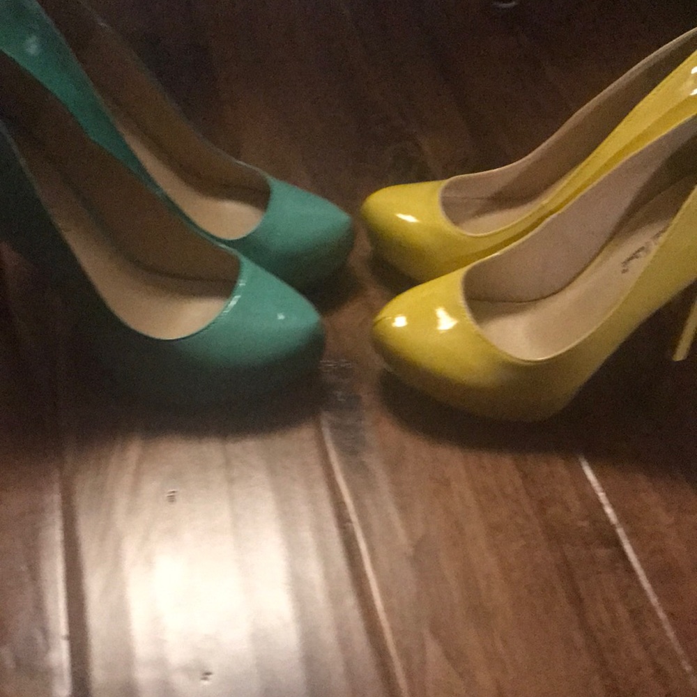 yellow and teal 3 inch heels